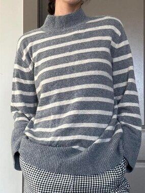 Loft grey and white horizontal striped mock neck cashmere sweater Size small